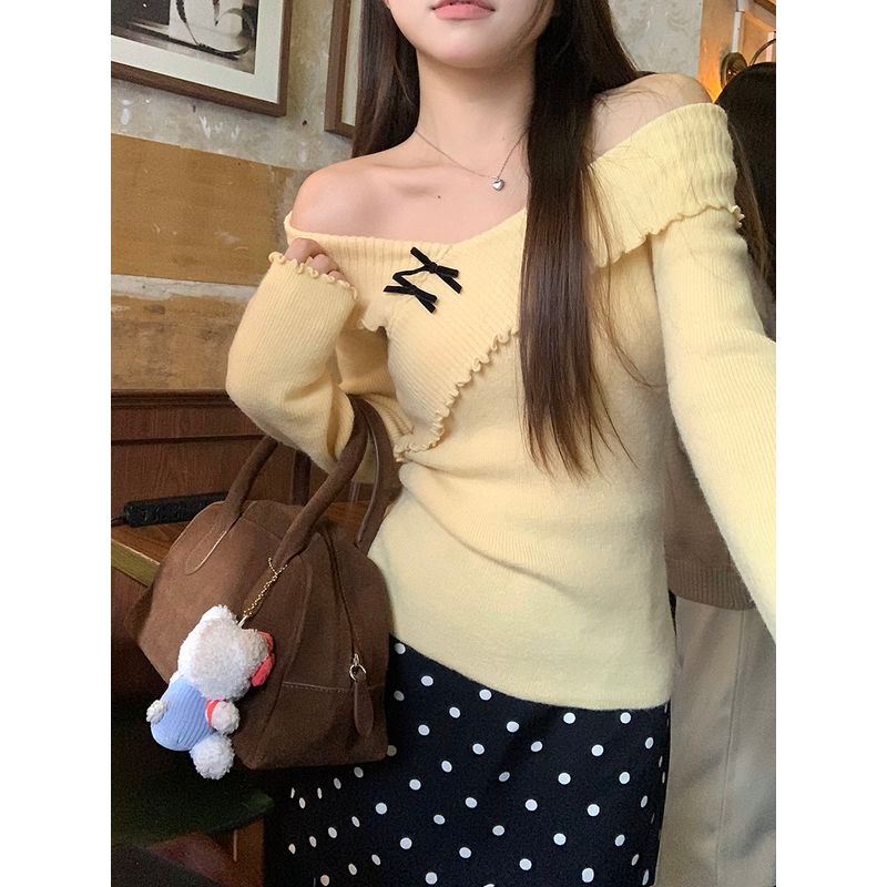 Kumikumi Three-Dimensional Bows off-Shoulder Collar Long Sleeves Knitwear Women's Autumn French Style Temperament Silm off-Shoulder Tops