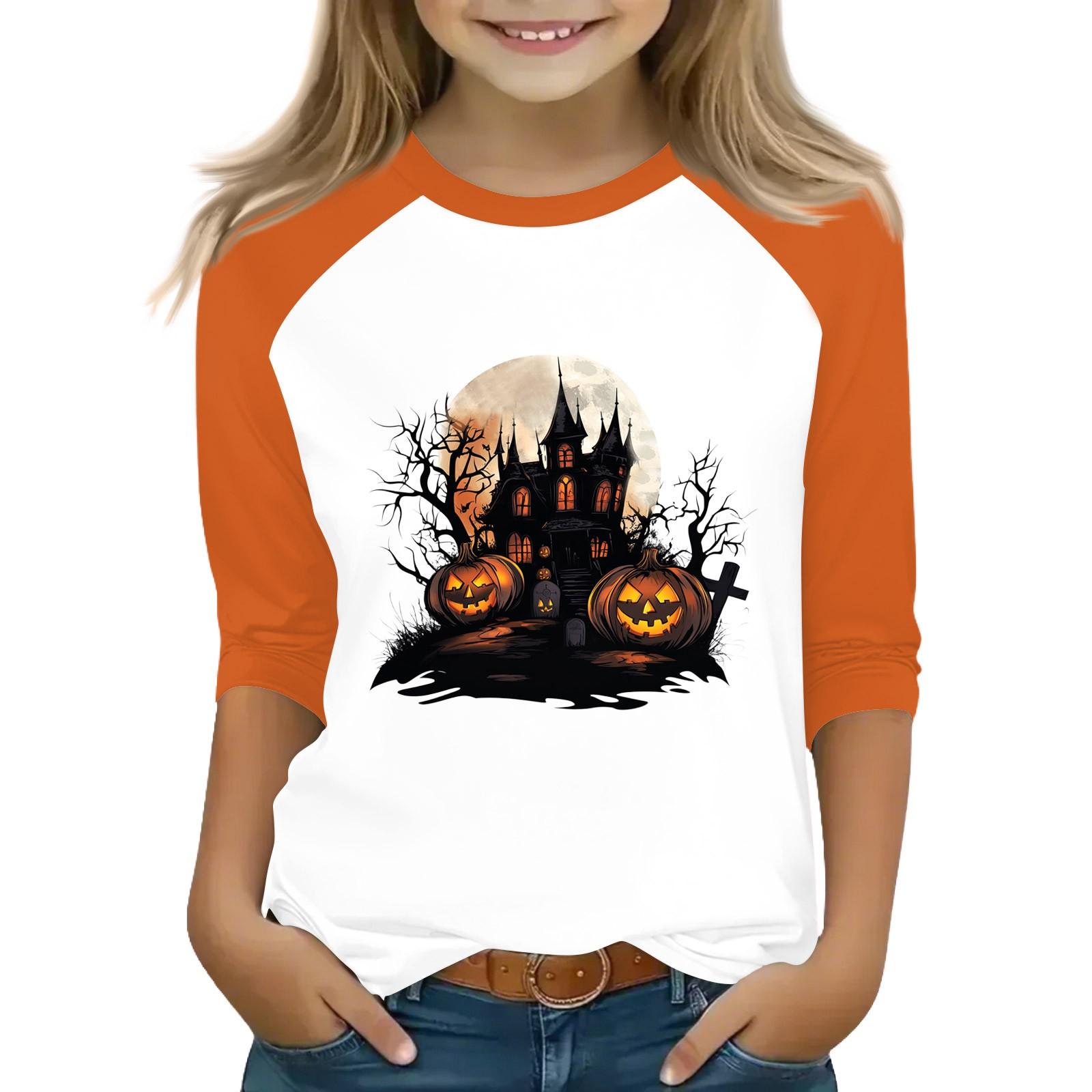 

Tops For Youth Girls 4-16 Years Round Neck 3/4 Sleeves T-Shirts Trendy Tops Outfit Tees Halloween Day 140 помаранчевий