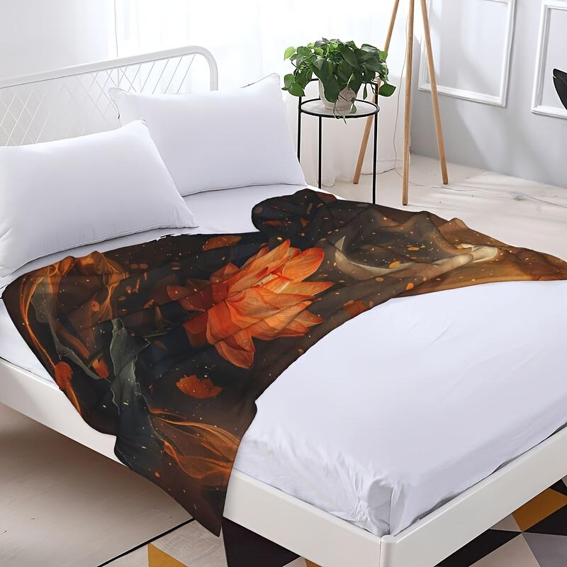Reversible Orange forLotusFlower Print Flannel BlanketSoftWarm Shawl for BedroomDormCarOutdoorSofaTravelOfficeGiftAll-Season Use