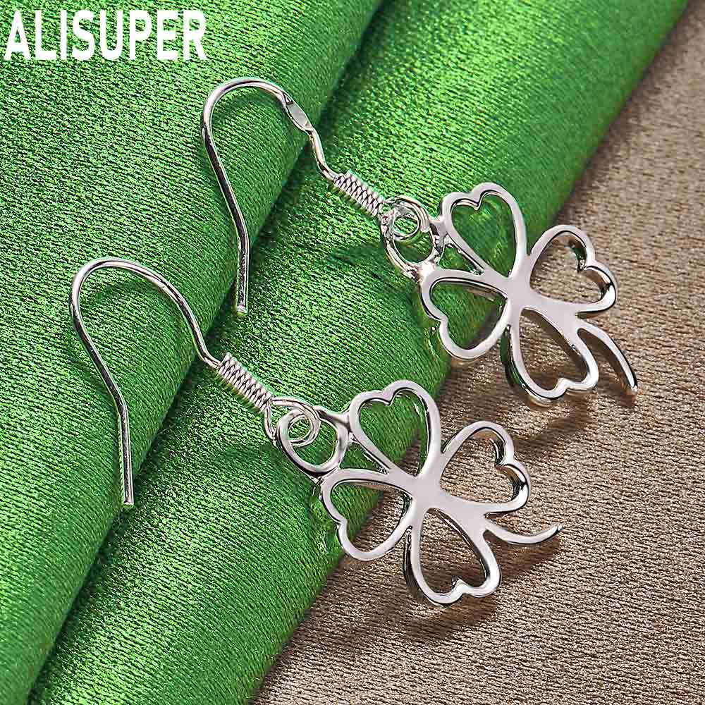 Exquisite 925 Sterling Silver Openwork Four-Leaf Clover Pendant Earrings - Fashion Gift Jewelry
