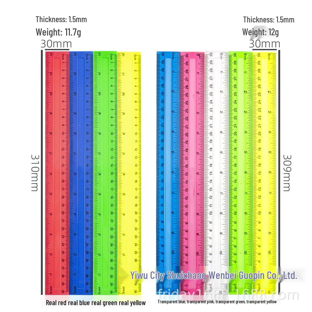 Advertising 4-Piece 30cm Colorful Transparent Plastic Ruler Set for Student Drawing and Measuring 30cm Recessed Ruler Solid Color 4-Color