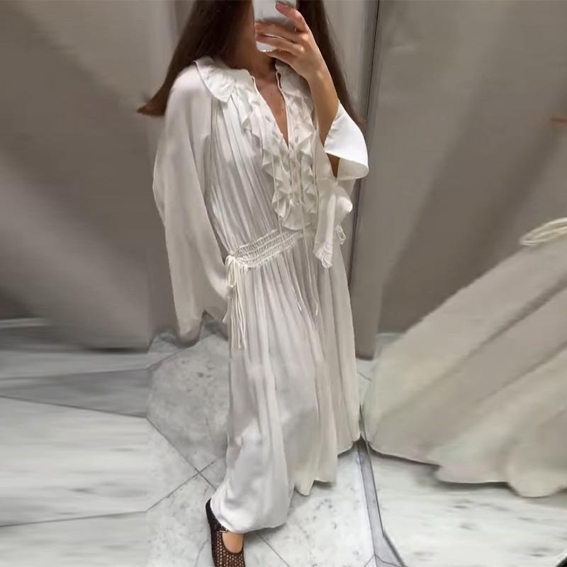 Elegant Solid Color Flounces Dresses Loose V Neck Full Sleeve Female Long Dress New Lady Summer Commute Vacation Dress 2025