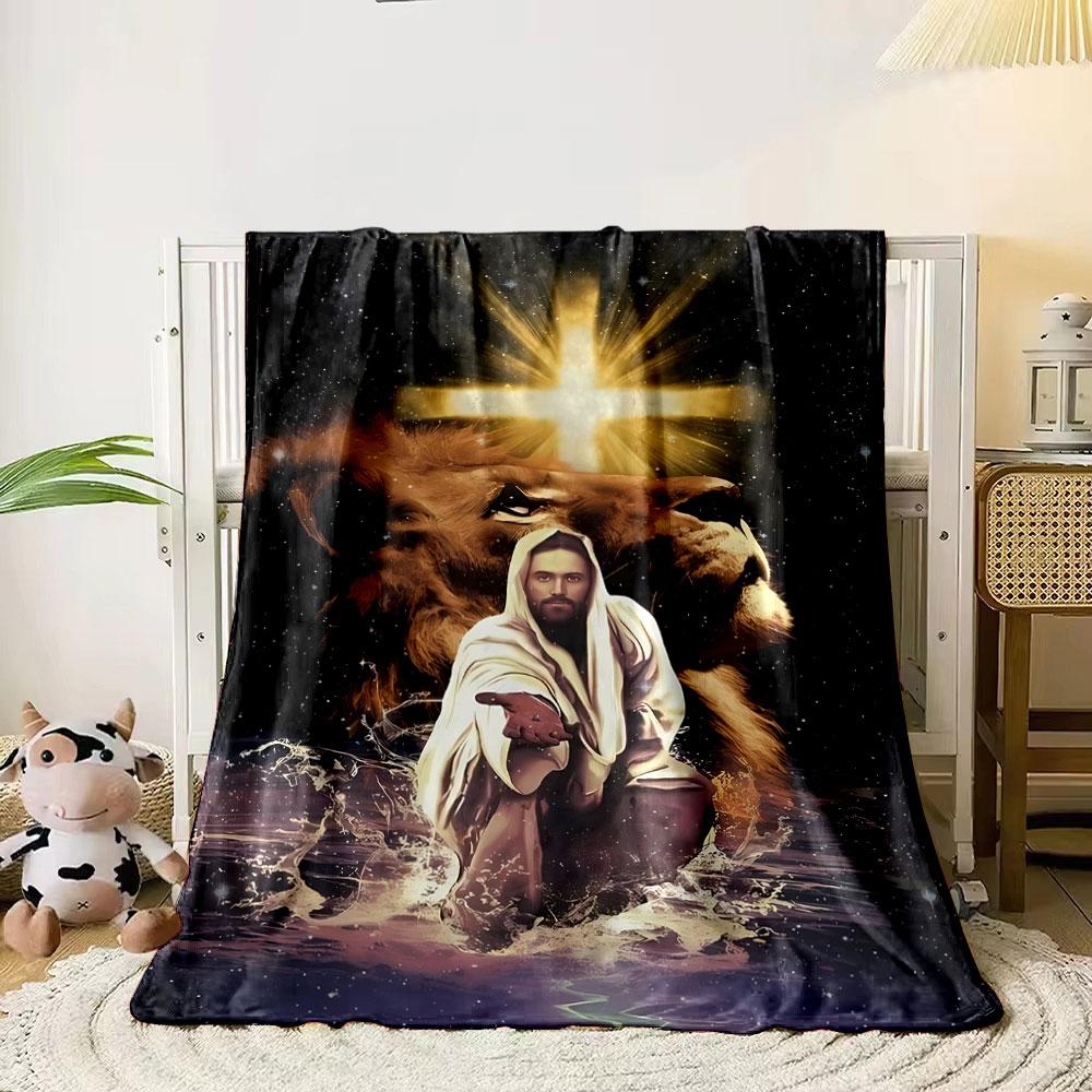 Jesus Löwe Kreuz Gedruckte Decke Gedruckte Decke für Wohnzimmer Bett Sofa Mittagspause Weiche Gemütliche Decke für Freund's Festival Geschenk