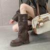 French Retro Thick-soled Knee Boots 2025 New Round Head Versatile Pleated Thick Heel Stacked Pants Tube Boots Women