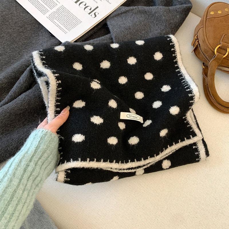 Korean Lazy Wind Polka Dot Double-sided Knitted Plush Scarf Women's Autumn and Winter Warm Versatile Thickened Neck Protection Small Scarf
