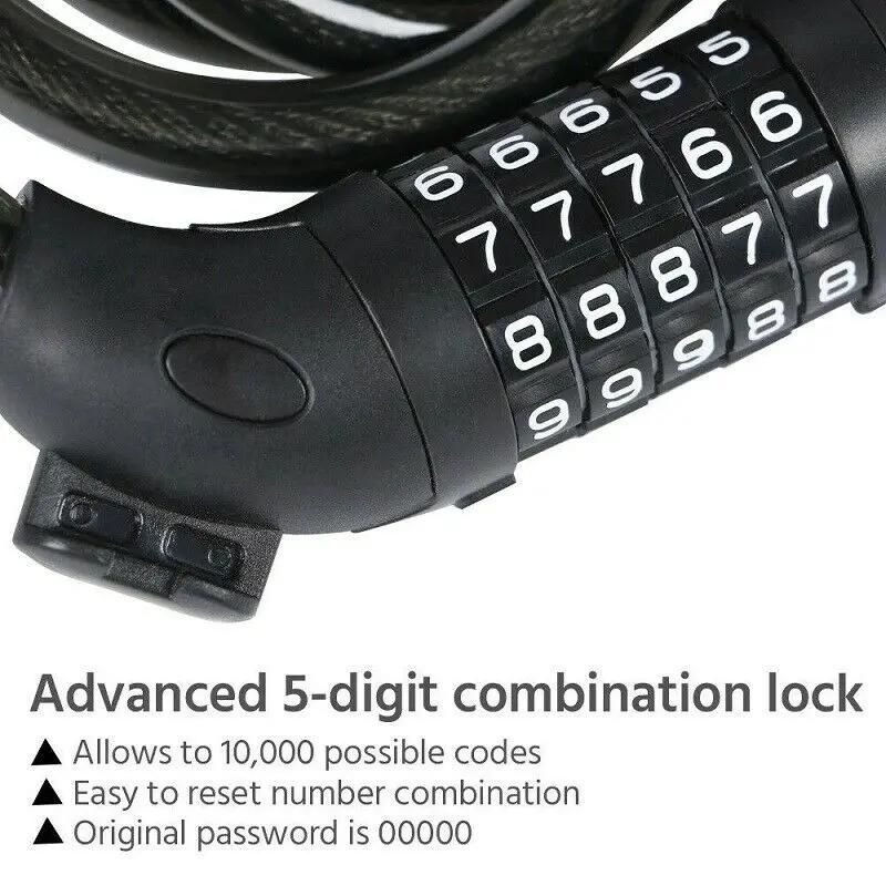 Bike Lock 5 Digit Code Combination Bicycle Security Lock Steel Cable Spiral Bike Cycling Bicycle Lock 120cm Chain Padlock 12mm