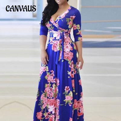 Spring and Autumn Women's Dress V-Neck Printed Swing Dresses Long Dresses