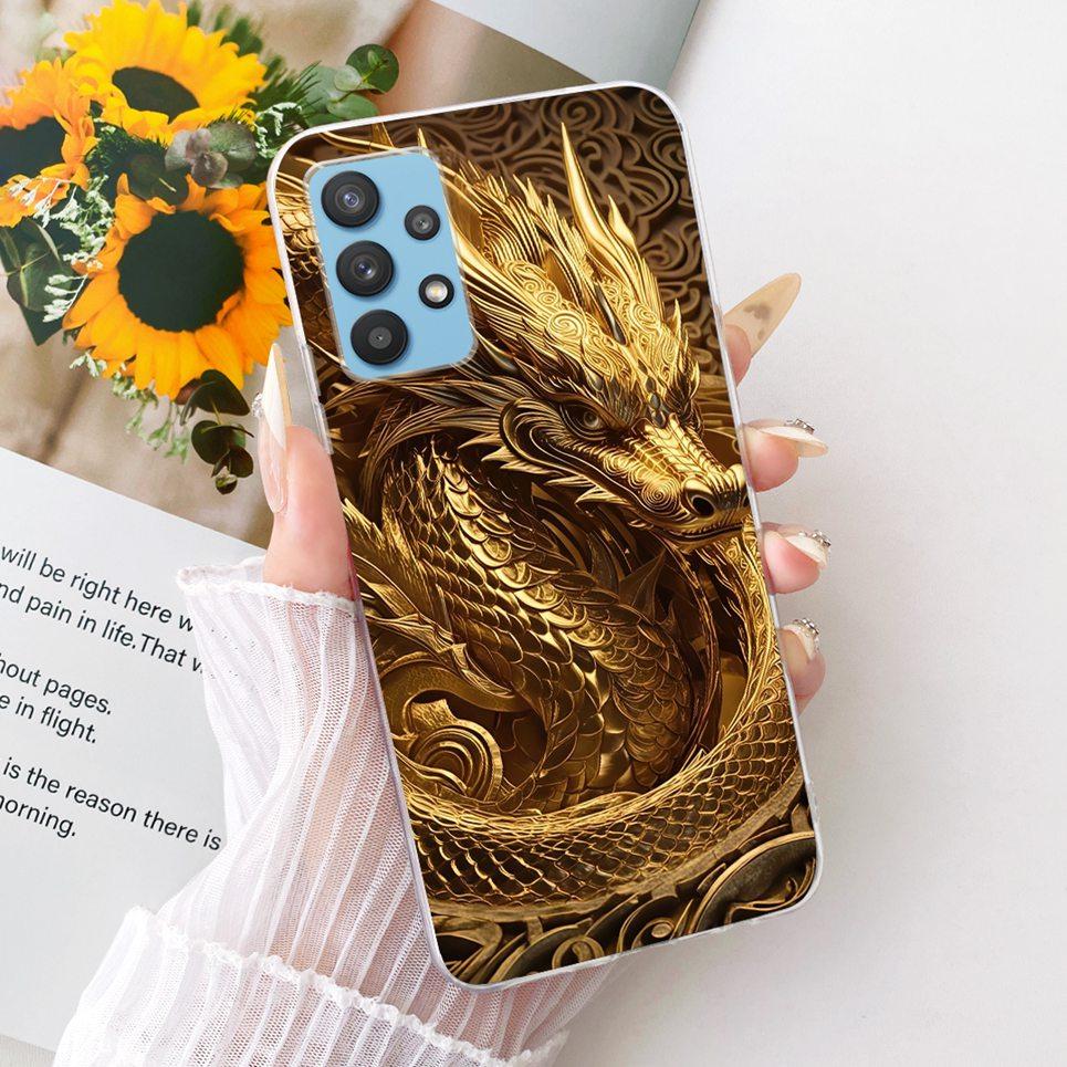 Cartoon Katze Drache Tiere Malerei Hülle für Samsung Galaxy A32 A33 5G 4G Rückseite Transparent Weiches TPU Silikon Handyhülle