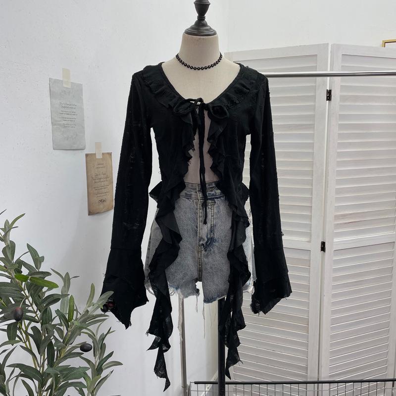 

Post-Apocalyptic Style Ruffled Tie-Up Ripped Cardigan, Long-Sleeve Outer Layer One Size