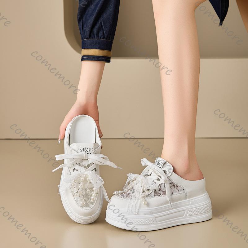 Comemore Summer New Heightening Sneakers Baotou Half Slippers Outside Wear Thick Bottom Leisure Lace Lace Up Board Shoes