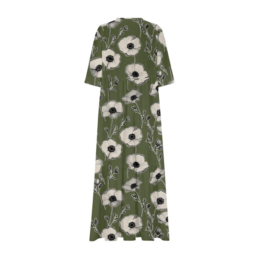 Women's Summer Fashion V-neck Retro Floral Print Short Sleeved Beach Dress With Lace Patchwork Dress