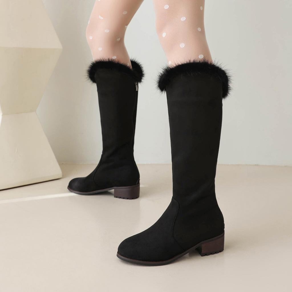 Women's low-heeled boots autumn and winter new thick-heeled large-size warm plush medium boots