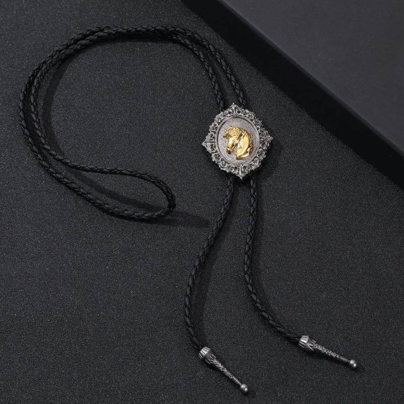 Handmade Jewelry Bolo Tie Western Cowboy Artificial Leather Rope Necktie with Vintage Cow Horse Badge Pendant Necklace