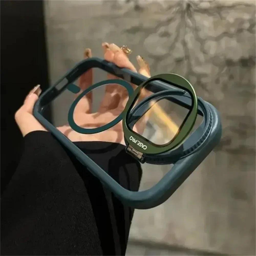 Camera Lens Protection Flip Bracket Stand For Magsafe Magnetic Case for iPhone 16 11 12 13 14 15 Pro Max Plus Transparent Cover