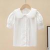 LUOBOBEIBEI Girls' White Blouse with Lace Trim, Versatile Japanese-Style Sweet Doll Collar Short-Sleeve Top, White, Size 130