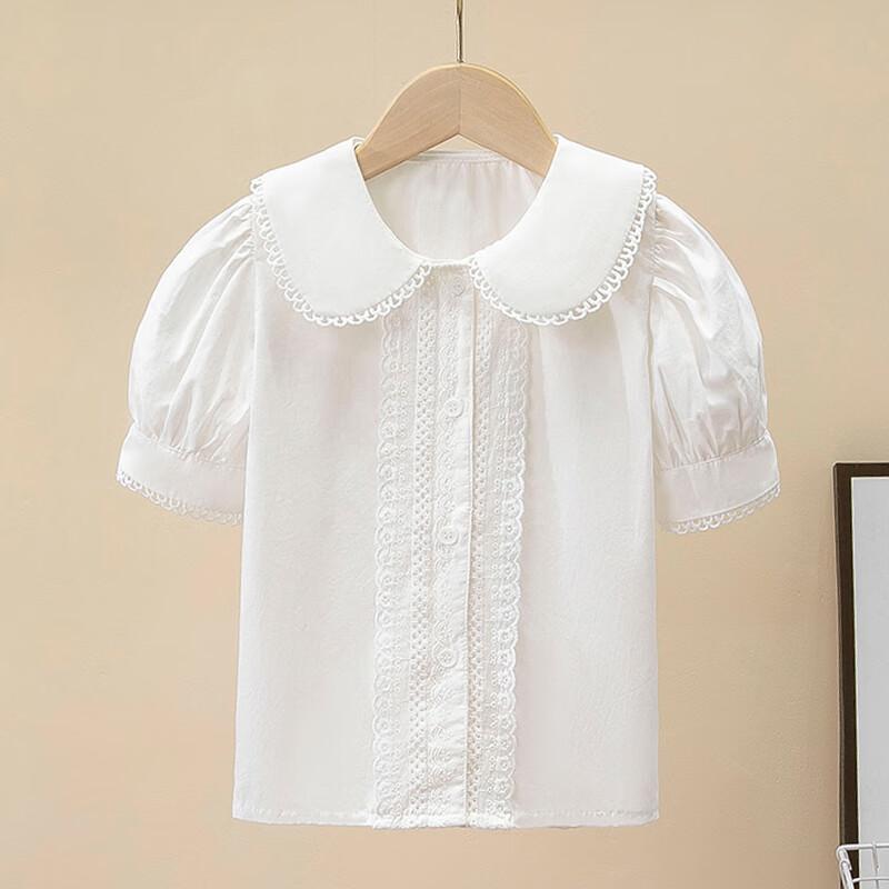 LUOBOBEIBEI Girls' White Blouse with Lace Trim, Versatile Japanese-Style Sweet Doll Collar Short-Sleeve Top, White, Size 130
