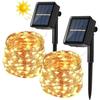Lot de 2 guirlandes solaires 2×12 m - 200 LED blanc chaud, 8 modes, étanches, fil cuivre