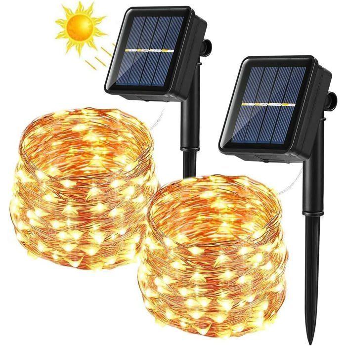 Lot de 2 guirlandes solaires 2×12 m - 200 LED blanc chaud, 8 modes, étanches, fil cuivre