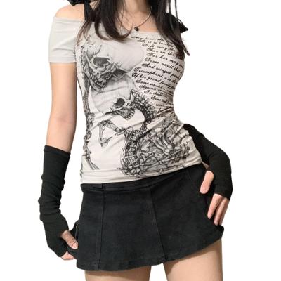 Kadın Moda Vahşi Gotik Tişörtler Kurukafa Yazılı Omuz Düşük Kayık Yaka Kısa Kollu Üstler Yazlık Slim Fit Sokak Giyim