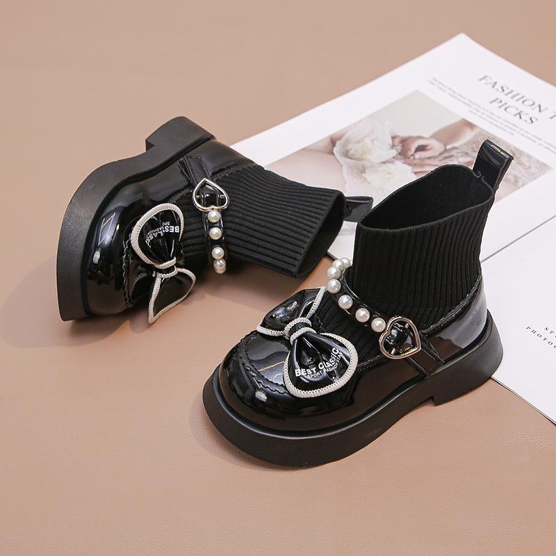 Kids Black Bow & Pearl Decor Patent Leather Sock Boots 26