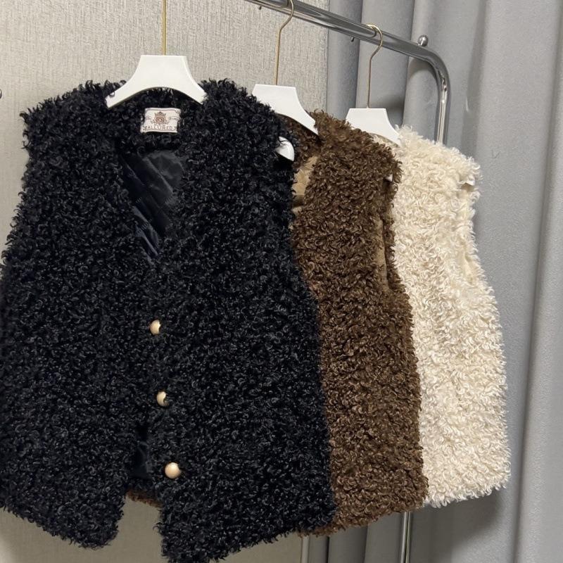 

Осень и зима новая имитация кожи жилет ягненок шерсть утолщенное короткое пальто овца кудрявая шерсть универсальный свободный жилет L чёрный