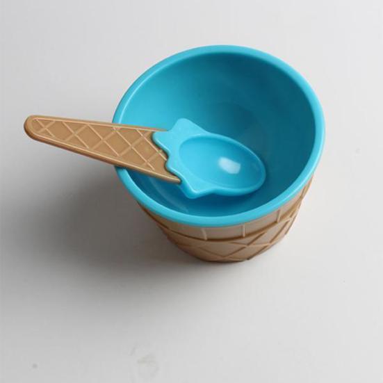 Kids Child Cute Cartoon Cone Ice Cream Bowl Spoon Set Plastic Dessert Tableware