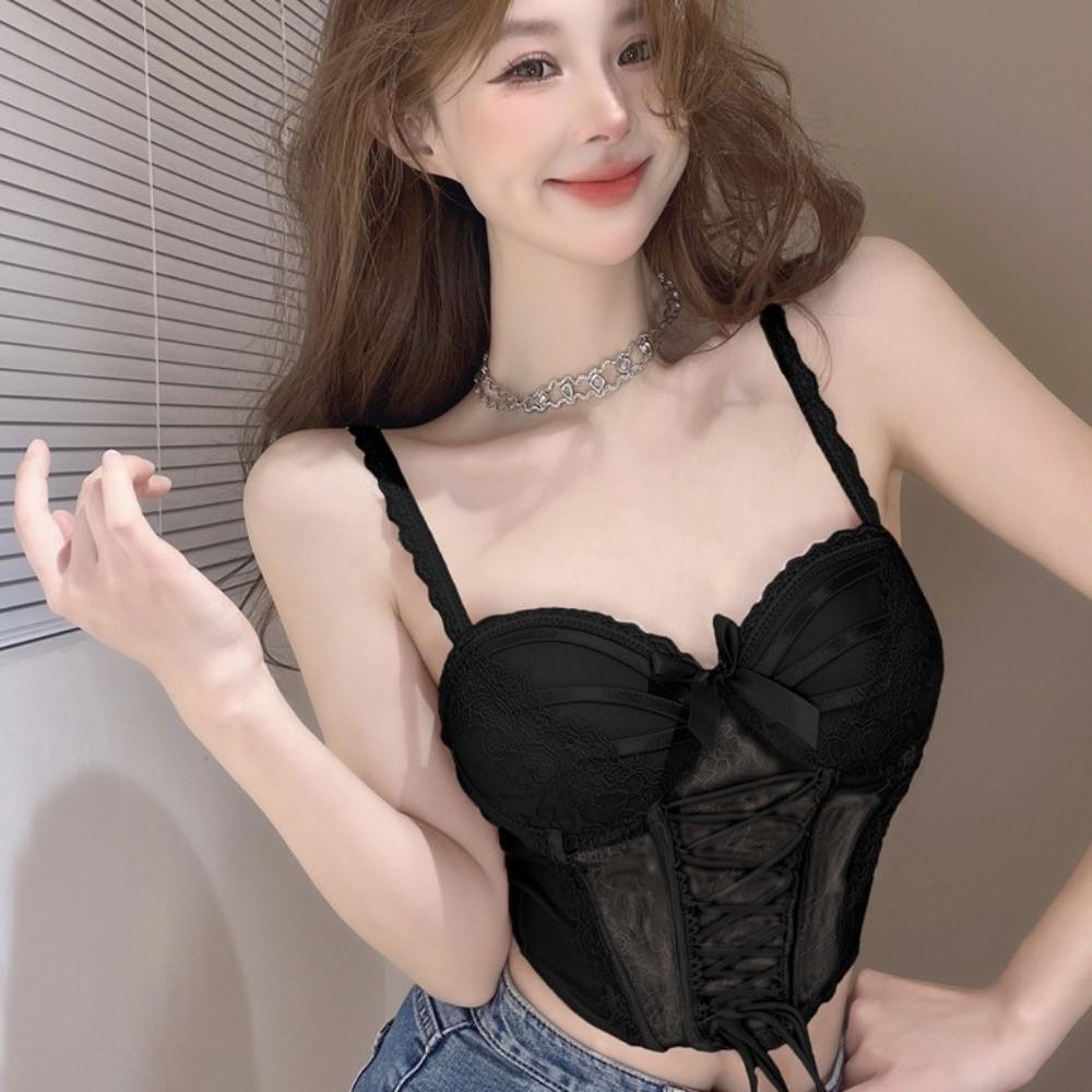 Ruffle Lace Corset Bowknot Slim Crop Tops Sweet Lace Flower Camisole Spicy Girls