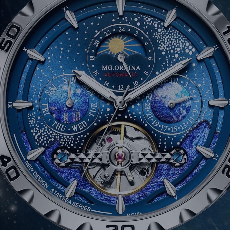 New Men's Stainless Steel Mechanical Watches, 3 ATM Waterproof Luminous Hand Blue Sport Watch, Moon Phase Wrist Watch,Male Clock