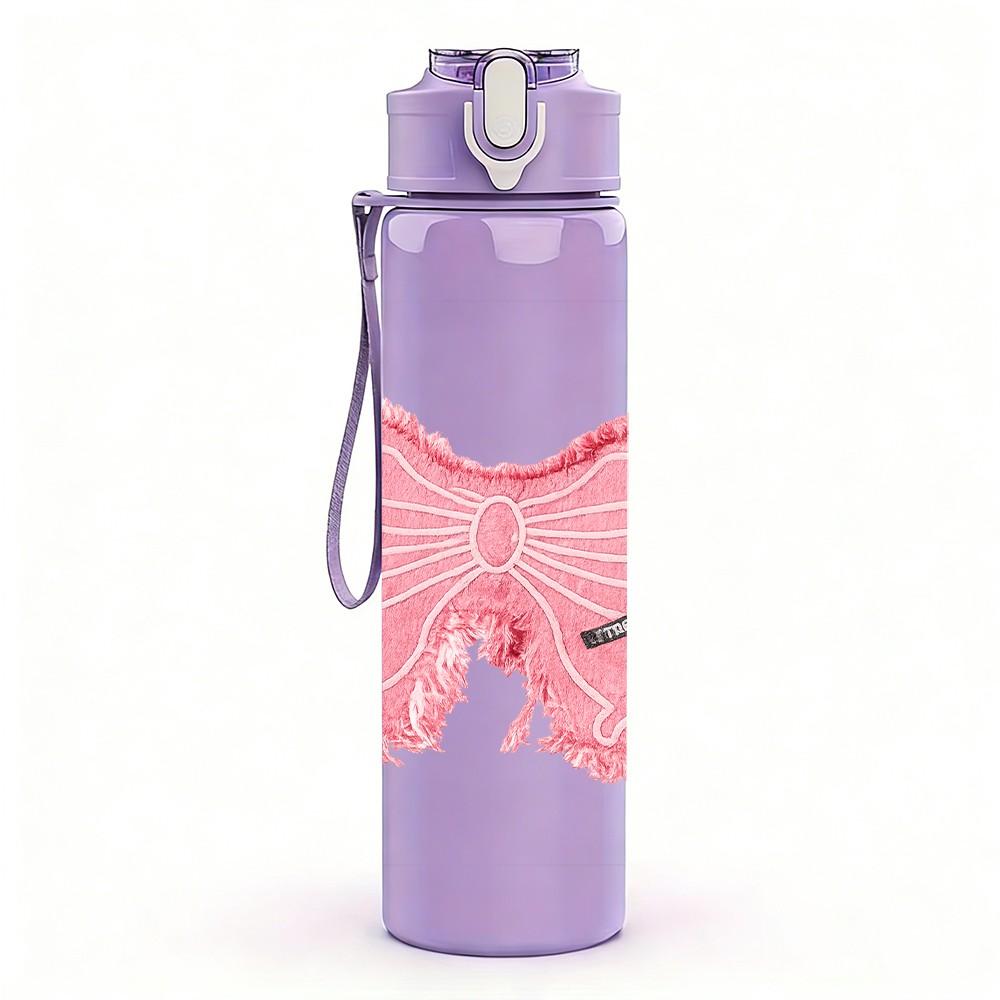 1PC Soft Pink Fabric Bow Ribbon Print 750ml Color Plastic Sports Water Bottle Leakproof Flip Straw Lid Suitable for Sports Office Home Use