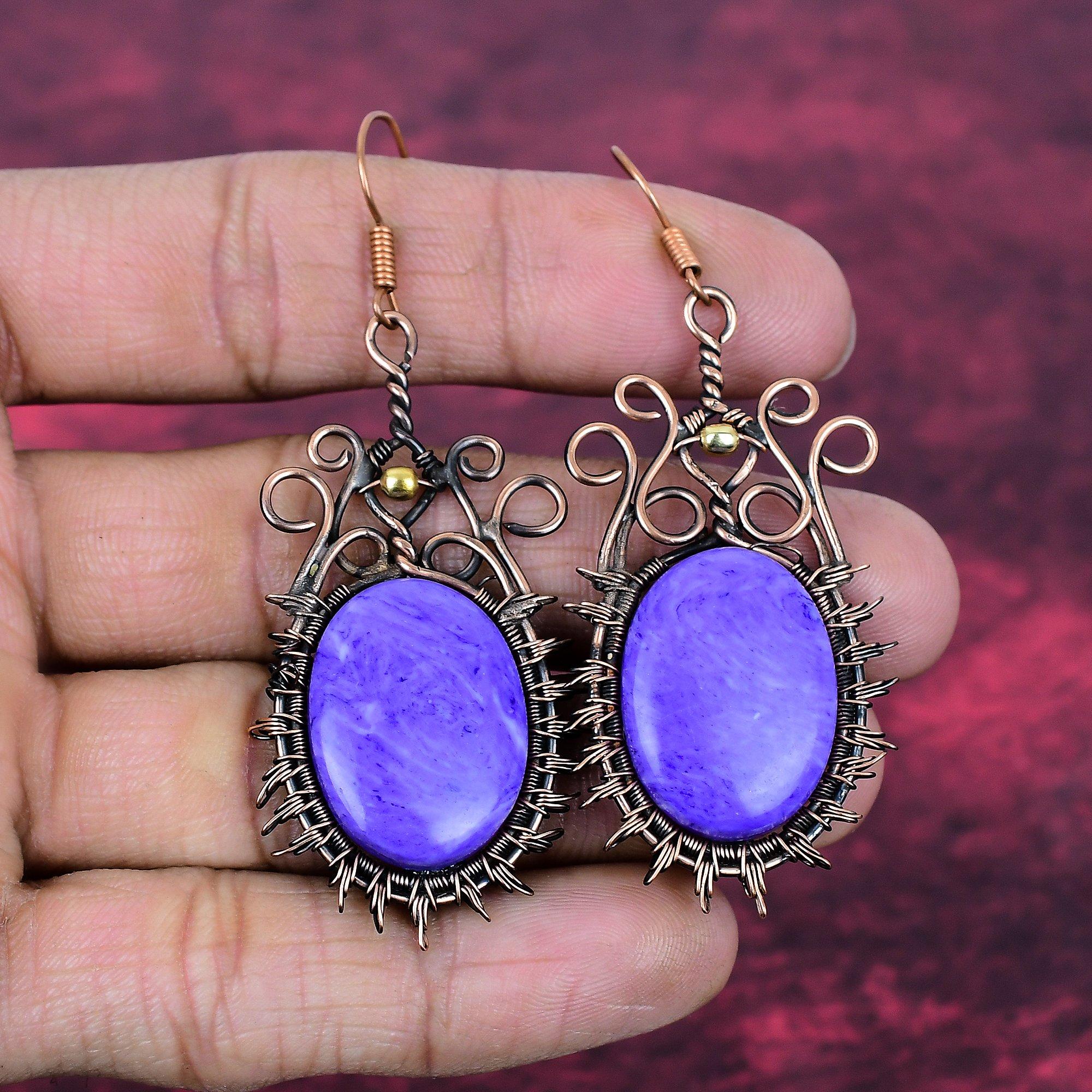 

Charoite Gemstone Earrings Handmade Jewelry Copper Wire Wrapped Designer Earring