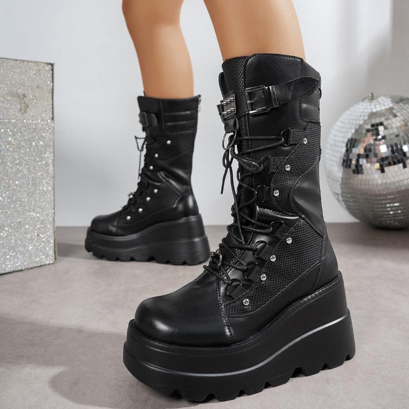 Mittelhohe Stiefel Mode Runde Spitze Schnürung Plateau Nieten Rutschfest Verschleißfest Damenstiefel