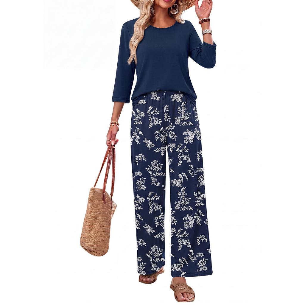 Women Casual Loose Fit Printed Three Quarter Sleeve Round Neck Top with Wide Leg Pants Two Piece Set Comfortable Relaxed Fit