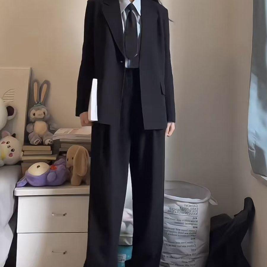 Women's 2024 Spring/Autumn Professional Black Suit: Loose Fit for College Interviews
