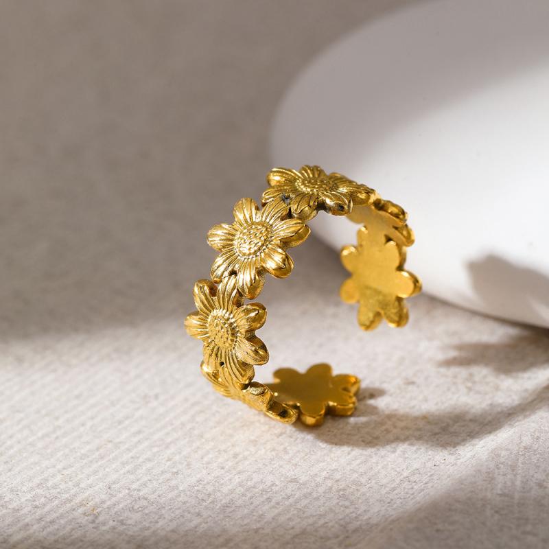 Stainless Steel Sunflower Flower Rings for Women Exquisite Gold Silver Color Irregular Texture Finger Rings Wedding Jewelry Gift