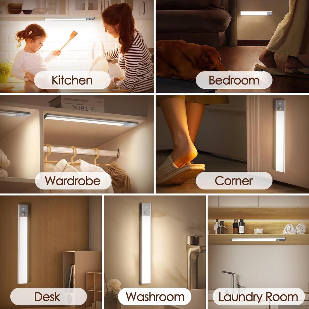 Quntis LED Kitchen Light, Rechargeable Motion Sensor Light with Magnet, Set of 2, 20cm, Dimmable Closet Light, Magnetic & Adhesive, 3000-6000K,