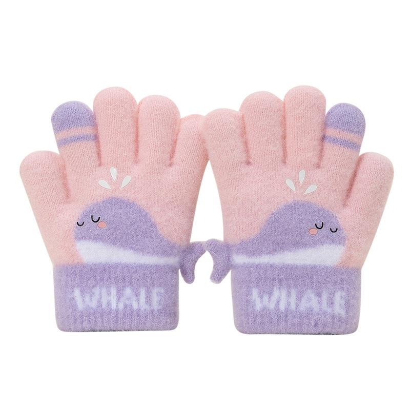 Girls autumn and winter cute little whale baby kindergarten knitted five-finger cold-proof wool warm children's gloves -