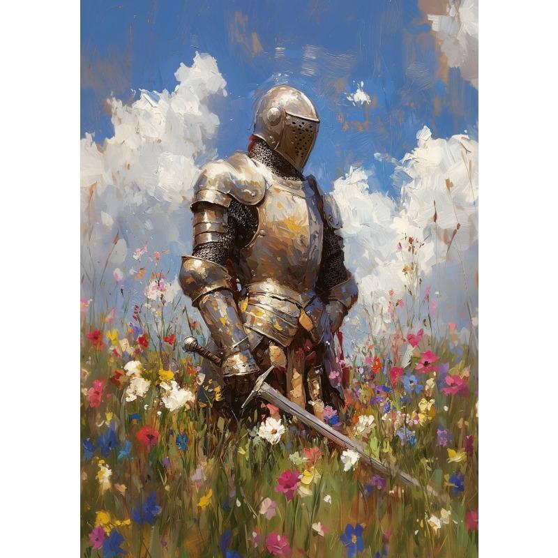 Vintage Dark Academia Medieval Knight in Wildflower Meadow Fantasy Sword Poster Canvas Painting Wall Art Pictures Home