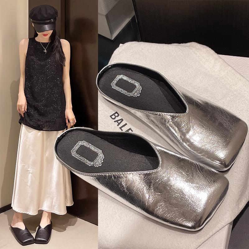 Shoes Slippers Flat Big Size Loafers Square Toe Slides Mules For Women 2025 Cover Retro Flat Shoes Female Big Size Ladies' Slipp