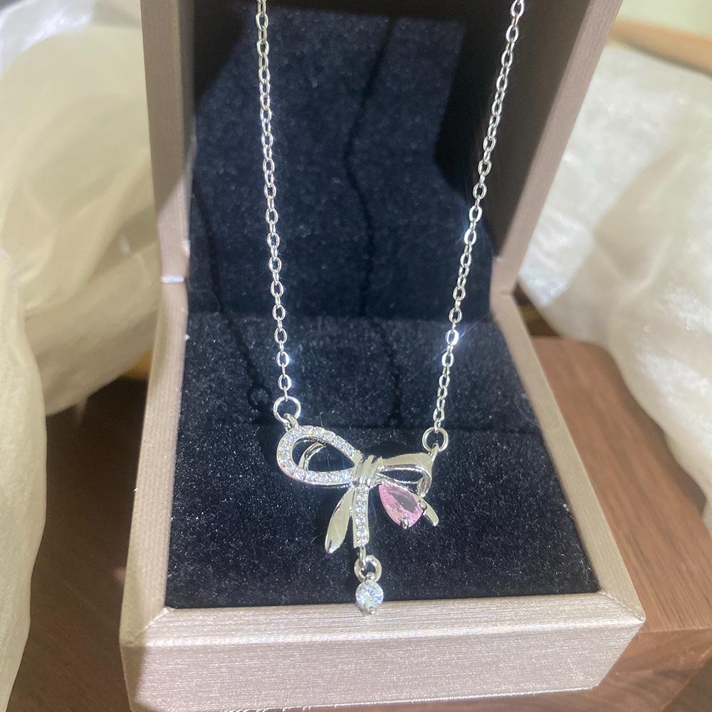 French Fairy Bow Tassel Necklace with Pink Zircon Clavicle Chain - Fashionable Light Luxury Qixi Gift