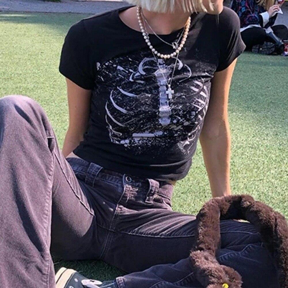 Punk Streetwear 90s Vintage kurzarm T-shirt Weibliche Gothic Harajuku Grunge Grafik Druck Sommer