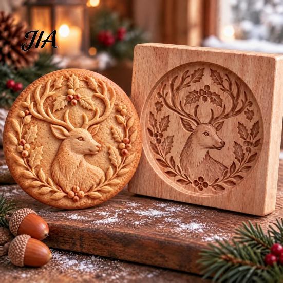 Christmas Baking Supplies Woodland Animal Cookie Mold, Wooden Biscuit Stamps, Scene 3D Red Party Snack Decoration Bird Elk Dachshund Cutter Embossing