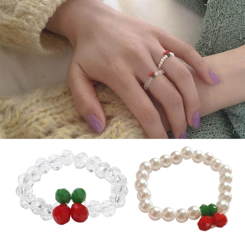 Red Cherry Rings Adjustable Size Beads String Rings Lightweight Elastic Rope Finger Rings Daily Wear Cherry Beaded Rings