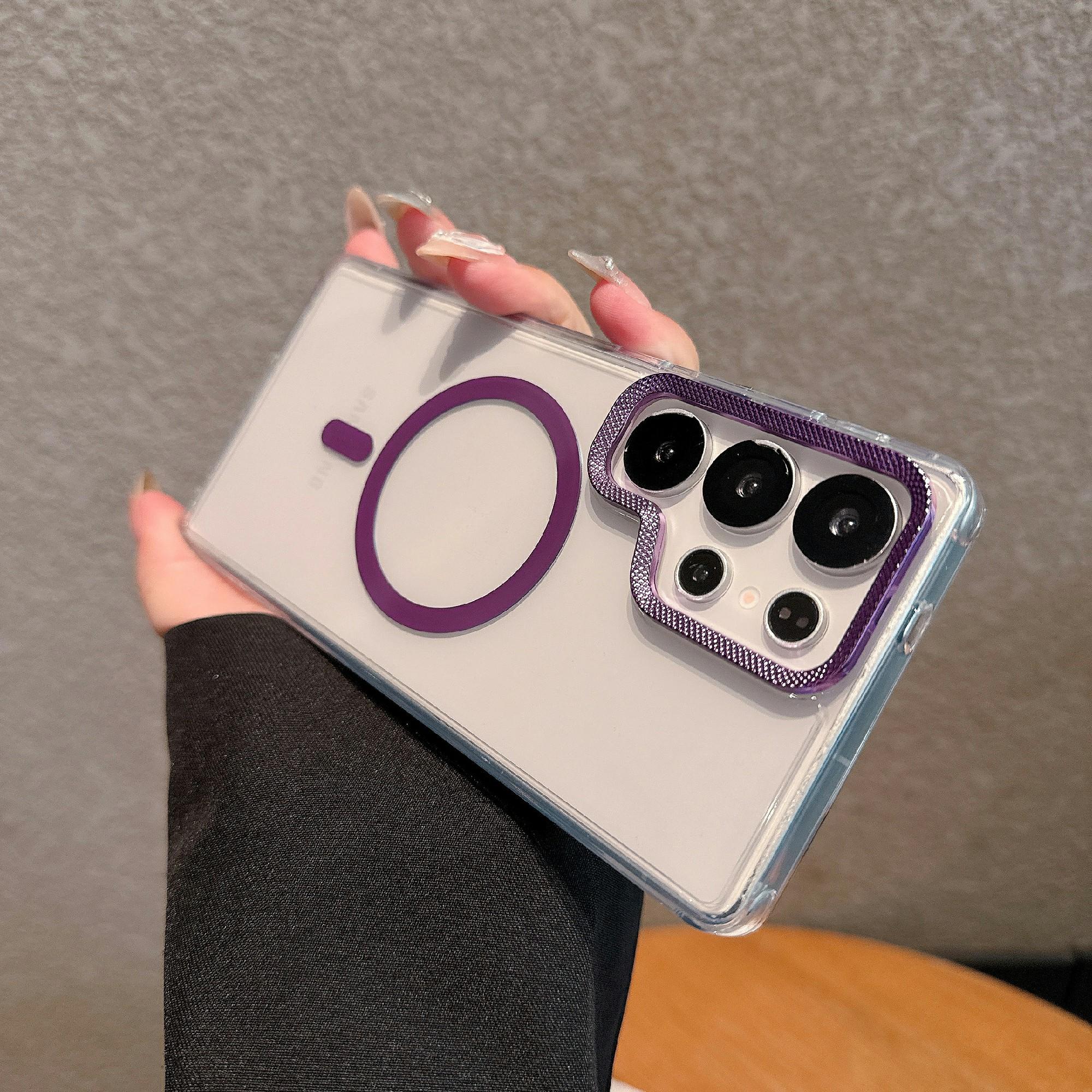 

For Samsung Galaxy S23 Ultra Case Compatible with MagSafe PC+TPU Clear Phone Cover with Diamond Texture Lens Frame Purple