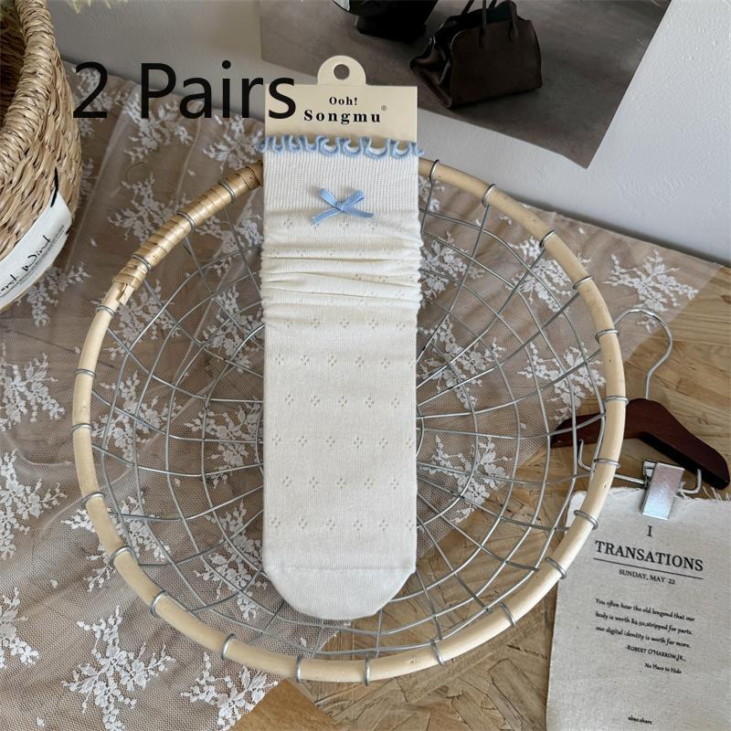

2 Pairs of Bow-knotted Socks - Spring and Summer Light Cotton Mesh with Wooden Ears and Color-blocked Thick Socks Mid-calf Length 2 pair білий