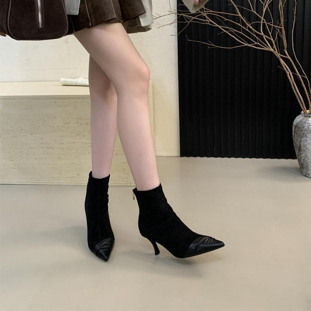 2025 New French Pointed Short Boots Women's Splicing Thin Boots Autumn and Winter Low Heel Internet Celebrity Thin Elastic Fashion Boots
