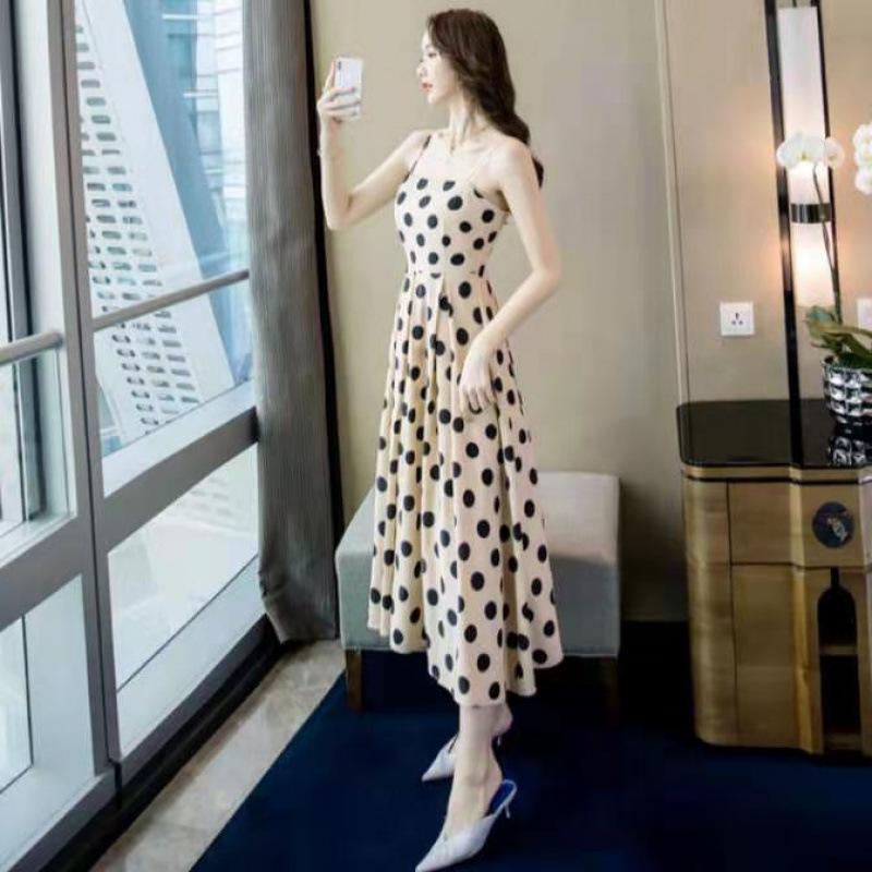Women's French Polka Dot High Waist Strappy Dress - Retro Slimming Spring/Summer Style