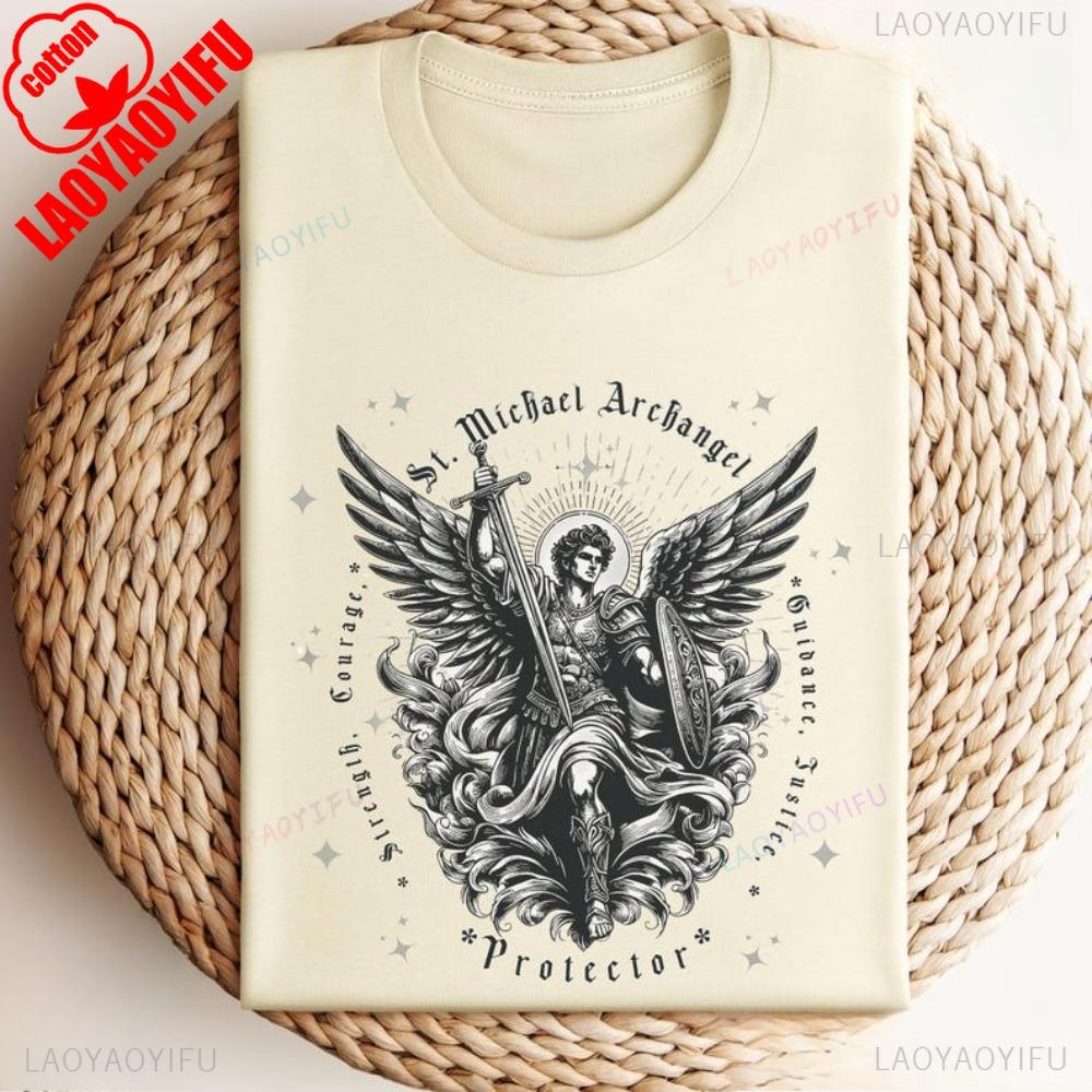 St Michael Archangel Tshirt Catholic Vintage ClipArt Gifts Shirt Retro Church Clothing Devotional  Men Women Cotton Tee Tops