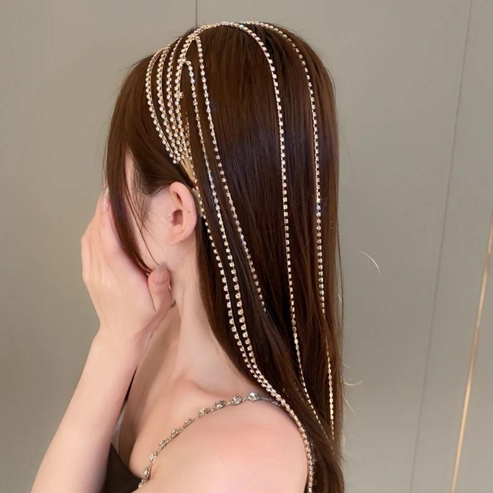 Exaggerated Design Rhinestones Tassel Headband Luxury Shiny Hair Accessories Daily Wear