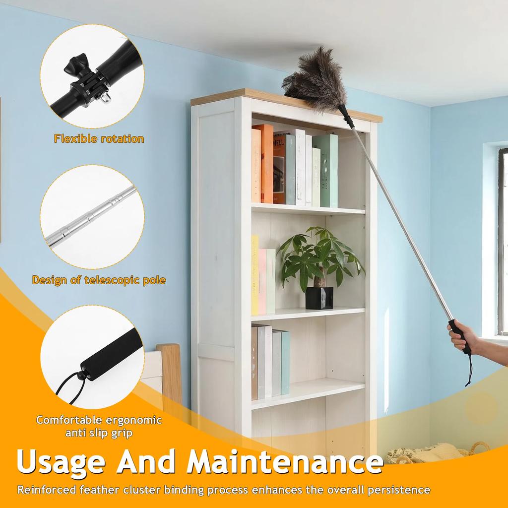 19-49 inch Extendable Feather Duster Handheld Bendable Ostrich Feather Duster Multipurpose Home Cleaning Tool for Ceiling Fan