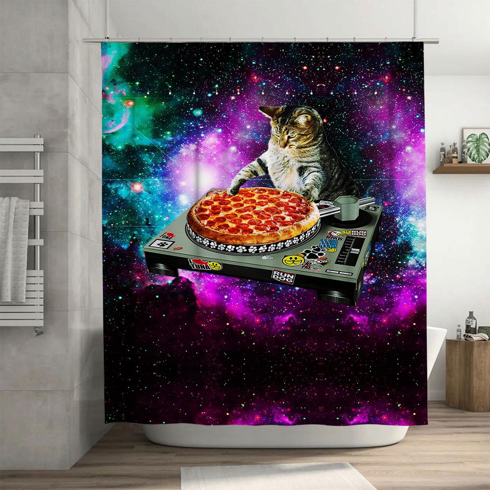 Psychedelic Space Cats Pizza Turntable Shower Curtain Bizarre Bathroom Decor for Cat Lovers